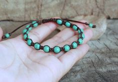 "This unisex bracelet made with 6mm turquoise round beads woven together with dark brown waxed cord and sliding knot closure. -If you need other colors cord just take note to me in the \"message to seller\" *Size: Choose your size from the drop-down menu. *✈️ Shipping.. The item shipped by registered airmail Thailand Post within 3-5 working days after payment received. - United States and Europe: Its will take about 2-4 weeks to delivery after shipping. -Canada, Mexcigo South America : It's will Beaded Square, Turquoise Anklet, Sliding Knot Closure, Square Knot, Bracelet Mens, Unisex Bracelets, Sliding Knot, Payment Received, Turquoise Beads