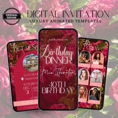 the birthday party flyer is displayed on three cell phones, with pink flowers in the background