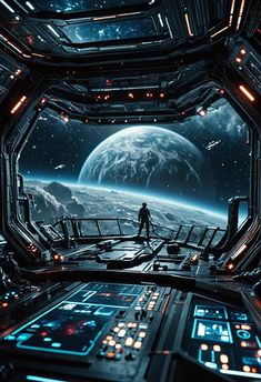 a sci - fi space station with a man standing on the platform looking out at the earth