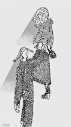 a drawing of a man standing next to a woman with her hand on her hip