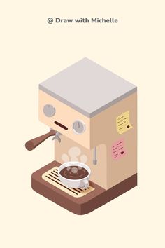 an illustration of a coffee machine with a cup of coffee on the front and side