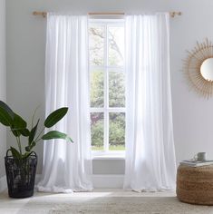 a living room with white curtains and a potted plant