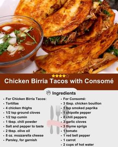 a menu for chicken biri tacos with condiments on the side and instructions to make it