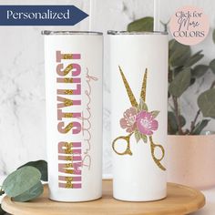 "This Personalized Hair Stylist Tumbler will make a perfect gift for Beautician! Our 20oz stainless steel skinny tumbler with straw will keep your drinks at the perfect temperature. It has a gloss finish with printed designs that never peel or fade! ❤️ Fast shipping! All products ship in 1-2 days  ❤️ Guaranteed speed and quality or your money back 👉 HOW TO ORDER  1. Pick the color of your choice. 2. Enter the name/names in the personalization box.  3. Add the tumbler to your cart. 4. Proceed to checkout. 👉 TUMBLER FEATURES ♥ 20 oz 8.5\" tall straight tumbler ♥ Tumbler comes with a BPA-free acrylic splash-proof sliding lid and a reusable straw ♥ Double-insulated food-grade stainless steel (resistant to dents and rust) ♥ Keep drinks true to flavor - no funky plastic aftertaste ♥ Smooth, gl Gift For Hair Stylist, Hairdresser Gift, Stylist Business Cards, Hairstylist Business Cards, Professional Business Card Design, Best Christmas Presents, Cup Ideas, Hair And Beauty Salon, Professional Business Cards