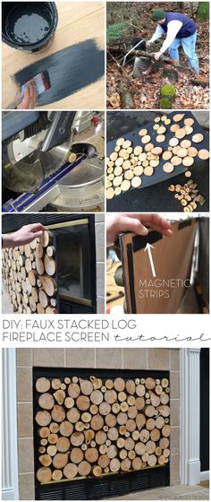 there are many different pictures showing how to make a fire place screen with logs in it