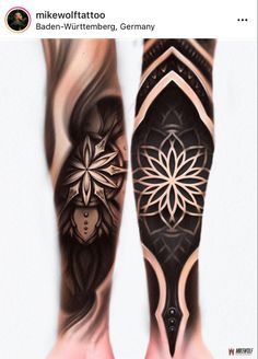 two tattoos on the legs of people with black and grey ink, one has an intricate flower