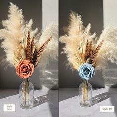 two vases with dried flowers and feathers in them are shown side - by - side