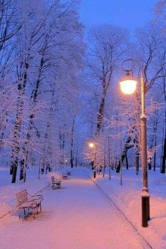 a park bench covered in snow next to a street light