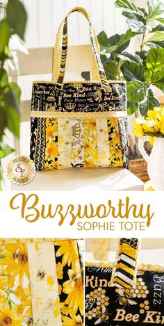 a bag with sunflowers on it and the words, buryworthty sohie tote