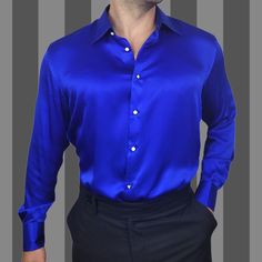 photo of a man modeling a blue long sleeve button up silk shirt from 1000 kingdoms Silk Shirt For Men, Silk Dress Shirt, Blue Silk Shirt, Mens Silk Pajamas, Dress Shirt For Men, Silk Shirt Men, Silk Shirts, Silk Shirt Dress, Silk Pajamas