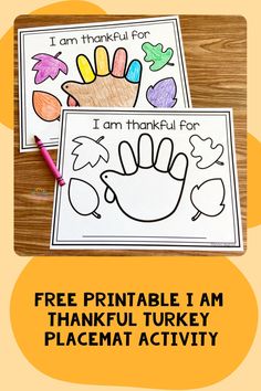 Free printable "I am thankful for" turkey placemat activity with colorful handprint and crayon. Thankful Placemats For Kids, I Am Thankful Placemat Preschool, What I Am Thankful For Preschool, Thanksgiving Kids Placemats Printable, Thanksgiving Placemats Preschool Printable, Turkey Placemats Preschool, Preschool Thanksgiving Placemats, Thanksgiving Toddler Activities