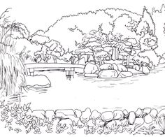 a black and white drawing of a pond