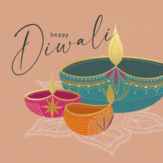 happy diwali greeting card with three colorful bowls and a lit candle in the middle