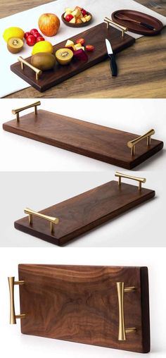 two wooden trays with gold handles are shown in three different positions, one on the floor and one on the wall