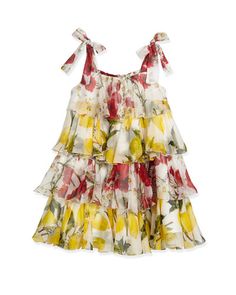 -6DQ4 Dolce & Gabbana  Sleeveless Tiered Chiffon Lemon-Print Dress, White/Multicolor, Size 4-6 Sleeveless Tiered Chiffon Lemon-Print Dress, White/Multicolor, Size 8-10 Lemon Print Dress, Frock Style, Voile Dress, Dolce And Gabbana Kids, Dolce Gabbana Dress, Lemon Print, Designer Kids Clothes, Baby Outfits, Western Dresses