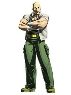 an anime character is standing with his arms crossed and looking at the camera while wearing green pants