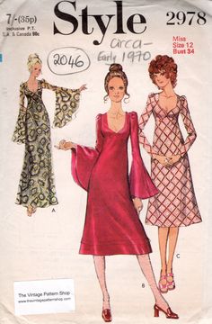 ~ Circa/Date:  1970 ~ Details:  Two style variation DRESS ~ Size: 12     ~ BUST: 34″    ~ Waist: 25 1/2″      ~ Hip: 36″ ~ Please Note: ~ You are buying a 'Professional Reproduced' copy of this sewing pattern. Copied from the original sewing pattern. Produced in Full Scale Pattern Pieces ready to cut with full instructions included. Reproduced on high quality 50 gm paper with black ink, durable and easier for reuse. Printed by a Professional Printing Company.   ~ With this product comes an accompanying 'Booklet' and inside the Booklet it includes: ~ A 2-page Instructions and Illustrations on 'How to Adjust Your pattern to your Personal Measurement.' ~ Personal Measurement Chart ~ Body Form Illustrations ~ Fitting Checklist ~ Metric Equivalency Chart ~ Note Pages ~ Fabric Worksheet ~ Garmen Dress Patterns Sewing, 70s Sewing, Style Dress Patterns, 70s Sewing Patterns, 1970s Sewing Patterns, Vintage Vogue Sewing Patterns, Vogue Vintage, American Hustle, Patterns Sewing