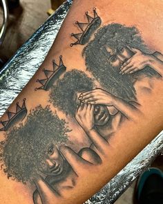 a tattoo on the leg of a person with two crowns and one woman's face