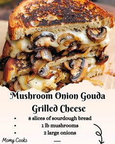 a grilled cheese sandwich with mushrooms on it