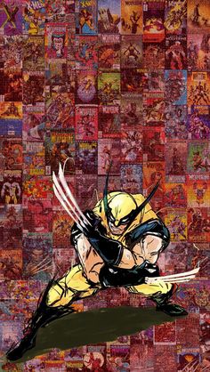 the wolverine is sitting in front of many comic covers