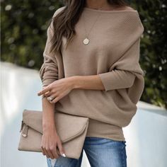 Women Off Shoulder Knit Tan Loose Fit Sweater Top Loose Fit Loose Fit Sweater, Sweater Tops, Loose Pullover, Stylish Sweaters, Off Shoulder Sweater, Ribbed Knit Sweater, Fitted Sweater, Shoulder Sweater, Everyday Outfits