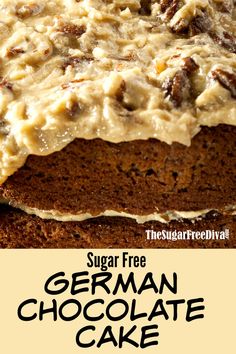 german chocolate cake with cream cheese frosting on top and the title overlay reads sugar free german chocolate cake