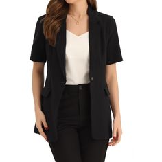 Looking for a stylish and sophisticated addition to your work wardrobe? Look no further than this lapel blazer for women. With its button-down front, lapel collar, and short sleeves, this blazer is the perfect combination of comfort and elegance. Whether you're dressing up for a big meeting or just want to add a touch of professionalism to your everyday look, this blazer is sure to impress. Pair it with some statement jewelry, dress pants, a skirt, or even jeans and you'll be ready to take on th Tailored Button-up Blazer For Career, Office Chic Blazer With Suit Collar For Workwear, Business Casual Blazer With Suit Collar, Office Chic Blazer With Suit Collar, Office Chic Business Casual Blazer With Suit Collar, Notch Lapel Office Chic Blazer, Tailored Notched Blazer For Office Ladies, Office Chic Blazer With Notch Lapel, Office Chic Notch Lapel Blazer