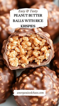 chocolate peanut butter balls with rice krispies in the middle and text overlay reading easy & tasty peanut butter balls with rice krispies