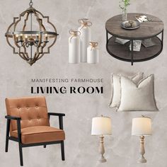 the living room is decorated in neutral tones and features an elegant chandelier, round table with two lamps,