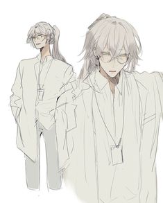 an anime character with long hair and glasses, wearing a white shirt and gray pants