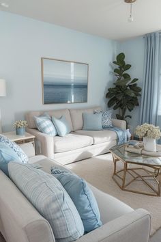 a living room filled with furniture and a large plant in the middle of the room