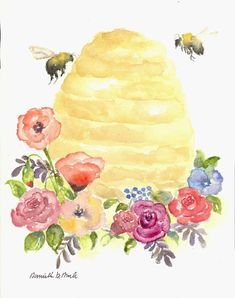 a watercolor painting of a honeycomb with flowers and bees in the back ground