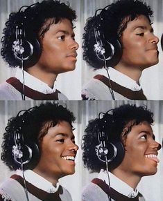 four pictures of a young man with headphones on his ears, smiling and looking to the side