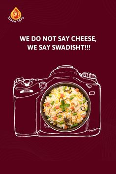 an advertisement with a camera and food in the background that says we do not say cheese, we say swadish