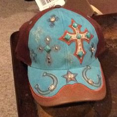 Heartland Hardware, Cross, Stars, And Horseshoes Baseball Caps. Bedazzled With Rotten Stones And Turquoise Stones Blue And Brown. Blue Country Style Hat, Country Style Blue Hat, Blue Snapback Hat For Rodeo, Multicolor Country Style Hat, Country Hats For Women, Neon Pink Tops, Custom Cowboy Hats, Hippie Hat, Wool Cloche Hat