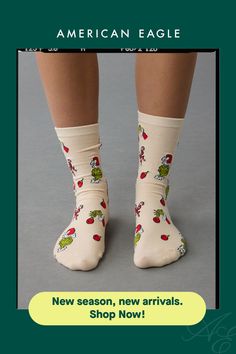 Made from a soft cotton blend/Ribbed cuff/Allover Grinch pattern Grinch Pattern, Novelty Socks, Crew Socks, Grinch, American Eagle Outfitters, Women's Jeans, American Eagle, Women Jeans, Shop Now