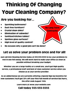 a flyer with the words thinking of changing your cleaning company? are you looking for