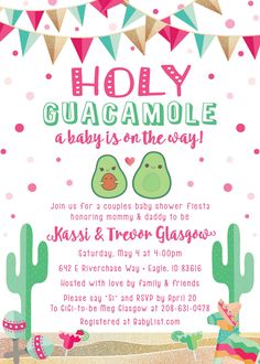 the baby is on the way card features two green birds and cactuses with flags in the background