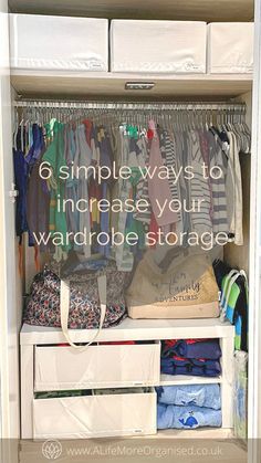 Wardrobe with IKEA storage hacks to maximise storage space Maximising Wardrobe Space, Organising Small Bedroom, Sharing Wardrobe Space, Storage Inside Wardrobe, Built In Wardrobe Organisation Ideas, Storage Ideas For Wardrobe, On Top Of Wardrobe Storage, Cheap Wardrobe Ideas Diy, Top Wardrobe Storage Ideas