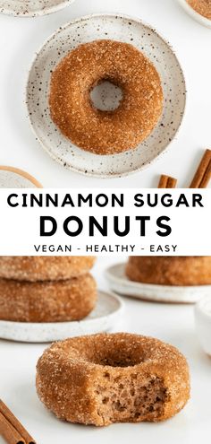 cinnamon sugar doughnuts on white plates with cinnamon sticks in the background and text overlay that reads, vegan healthy - easy cinnamon sugar donuts