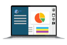 an open laptop computer sitting on top of a white surface with pie chart and bar graphs