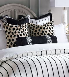 black and white bedding with leopard print pillows