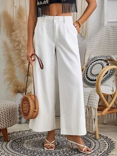 Blanco Casual Collar  Mezclilla Liso Pierna ancha Embellished No-Elástico Denim Wide Leg Pants, Denim Wide Leg, Jeans Casual, Stair Railing, Women Denim Jeans, Wide Leg Denim, Casual Denim, White Casual, Kids Beachwear