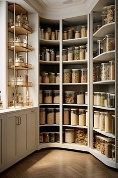 a large pantry filled with lots of different types of food in it's shelves