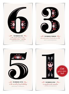 four cards with the number six and five in black, red, and pink flowers