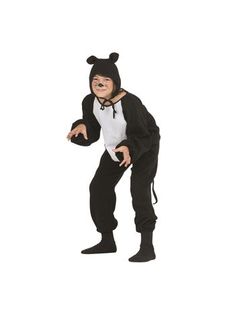 a person in a costume standing on one leg and wearing a black bear suit with ears