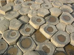 there are many cement blocks that have holes in the middle of them on the ground