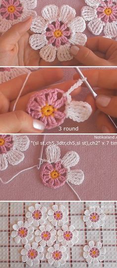 crocheted flowers are being worked on by someone using yarn to make them look like they