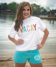 We are obsessing over this Vacay graphic tee! This tee is perfect for the beach, lake, cruise, and any other vacation. Pair with shorts or monogrammed leggings to complete your vacation outfit!  GILDAN Short Sleeve - 6.0 oz. pre-shrunk 100% cotton Long Sleeve - 6.0 oz. pre-shrunk 100% cotton V-Neck - 4.5 oz. pre-shrunk 100% ring spun cotton Tank Top - 5.3 oz. pre-shrunk 100% cotton Sweatshirt - 8 oz pre-shrunk 50% cotton/50% polyester   BELLA CANVAS Short Sleeve - 4.2 oz. 100% airlume combed and Cotton Tops For Weekend Getaway At The Beach, Cotton Tops For Beach Season Weekend Getaway, Cotton Tops For Weekend Getaway And Beach Season, Cotton Tops For Weekend Getaway In Beach Season, Cotton Tops For Weekend Getaway During Beach Season, Fun Summer T-shirt For Loungewear, Summer Crew Neck Top For Weekend Getaway, Summer Weekend Getaway Crew Neck Top, Relaxed Fit Summer Tops For Weekend Getaway