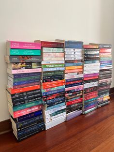 a stack of books sitting on top of a wooden floor